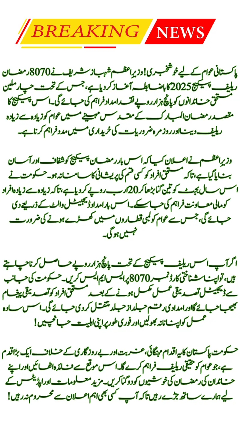 8070 Ramadan Relief Package 2025: How to Get Rs 5000 Cash Assistance