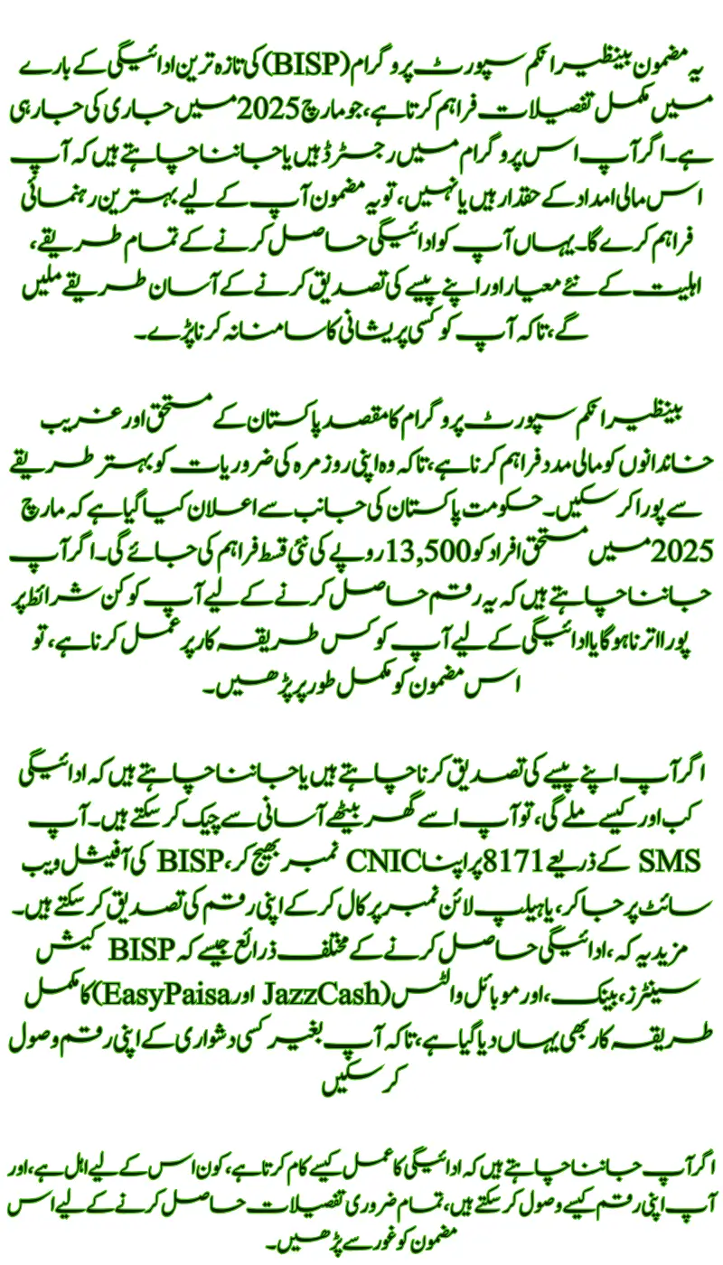 BISP Payment Process Start How to Get 13500 & Check Eligibility Status by 8171